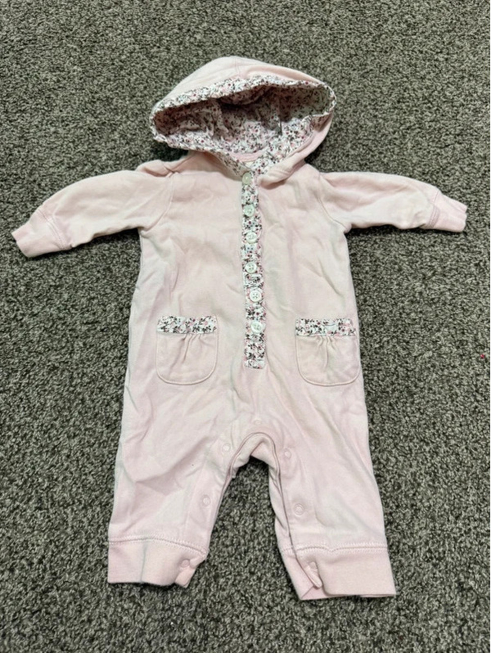 Vintage Y2K Old Navy Baby Girls 0-3M Pink Floral Hooded Romper Snap One Piece